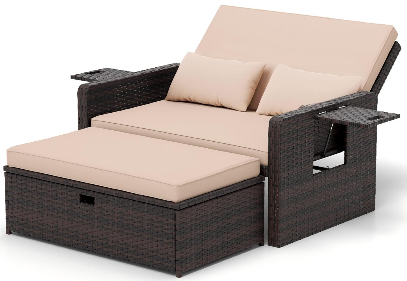 UDPATIO Rattan Lounge Möbel Outdoor,Lounge Balkonmöbel Gartensofa mit Hocker,Rattan Sofa mit Stauraum, Verstellbares 2 Sitzer Garten-Bett für Terrasse,Garten,Braun+Schwarz & Cremefarbene Bezüge