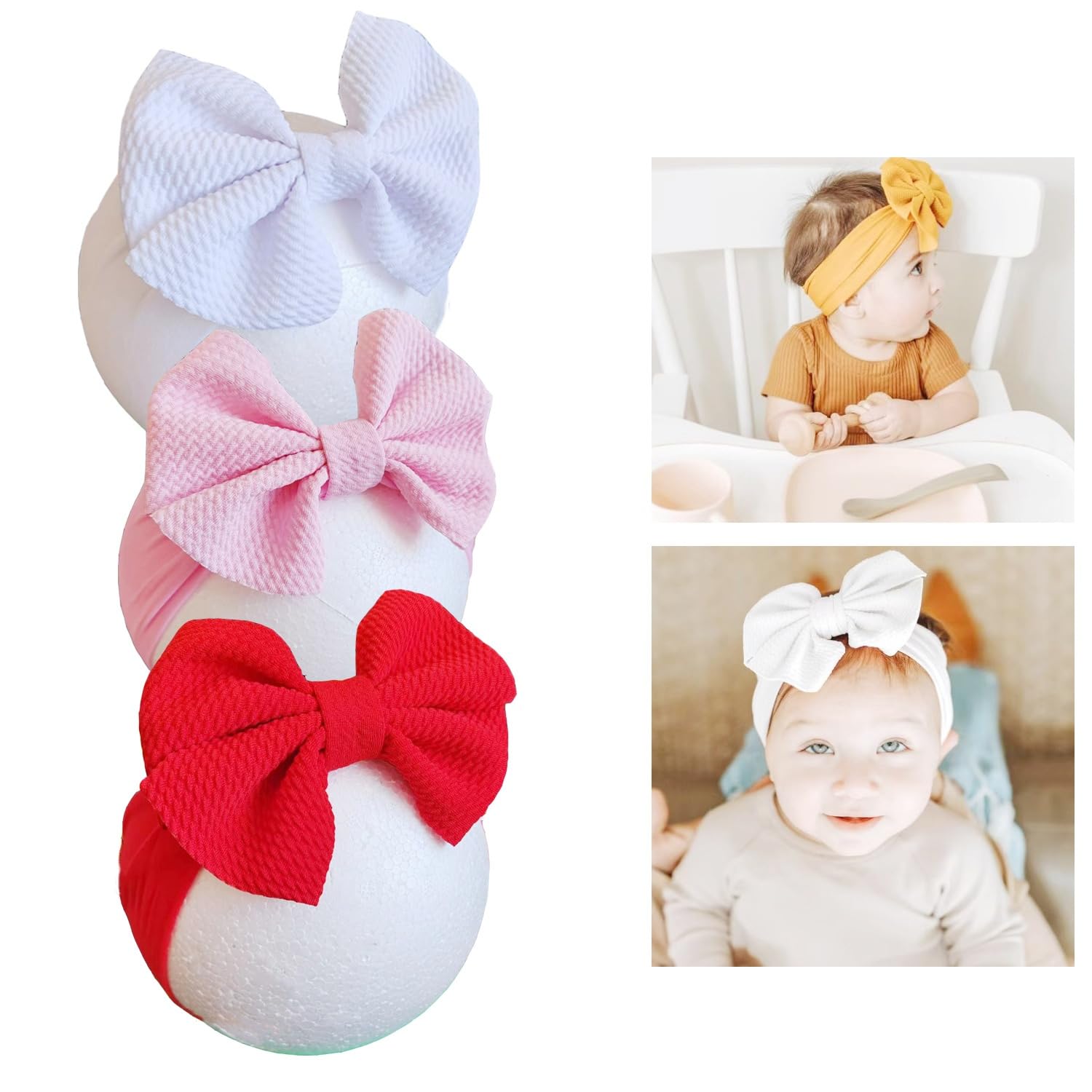 Hjiaruiky - 3 lazos para bebé niña, diademas para bebé recién nacida, grandes diademas elásticas de nailon para bebé niña, accesorios para el cabello para bebé, blanco, rosa y rojo