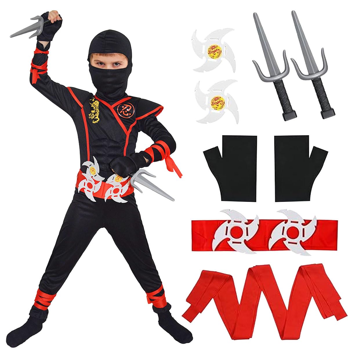 LGZIN Disfraz Ninja Niños, Juego de Cosplay de Ninja, Rojo Negro Disfraces de Ninja, Disfraz de Ninja de Halloween, Ropa ninja infantil, Juego de Disfraz Niños para Carnaval, Navidad, Halloween
