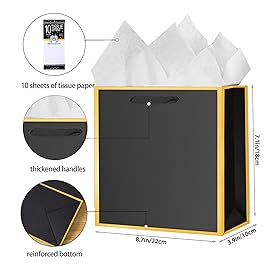SHIPKEY 10 Pcs Black Gift Bags with Gold Frame and Tissue Paper, 8.7x3.9x7.1 Inches Luxury Kraft Paper Bags with Handles, Bulk Gift Bag for Men, Groomsmen, Party, Wedding (5 Senses, 22x10x18 cm)