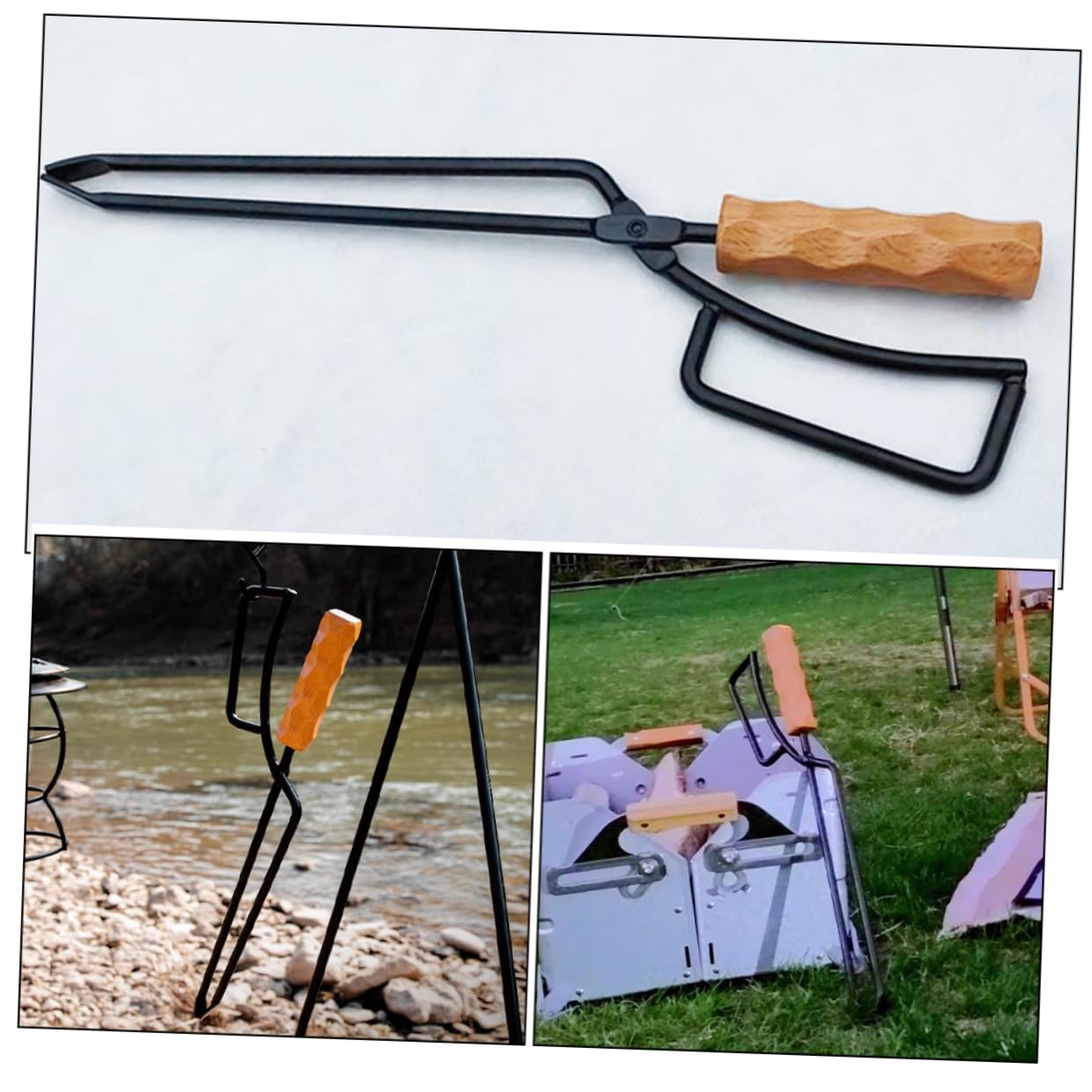 Pinza per Carbone da Barbecue e Campeggio Manico in Legno | Ferro Robusto, per Stufa Interno e Picnic, Presa per Legna e Brace, Impugnatura Spessa