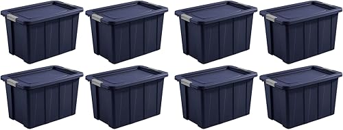 Sterilite Tuff1 - Contenedor apilable de plástico de 30 galones para sótano, garaje, ático, contenedor con tapa de pestillo, color azul índigo