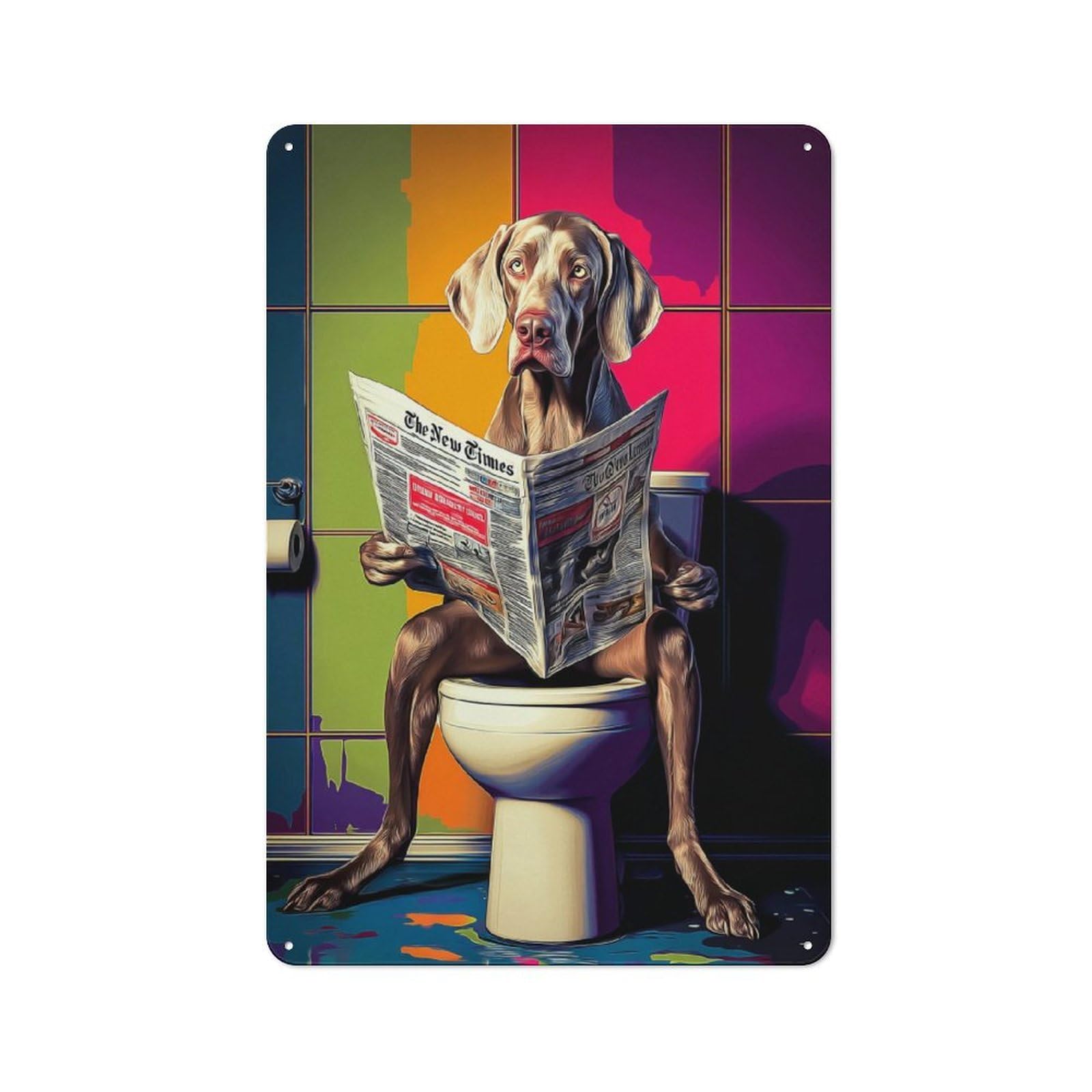 Junmoney Dog Reading Newspaper In Bathroom-7 Metal Wall Sign 30X20cm, Retro Decor For Home Bar Wall, For Metal Sign Collectors, For Garage And Workshop Walls
