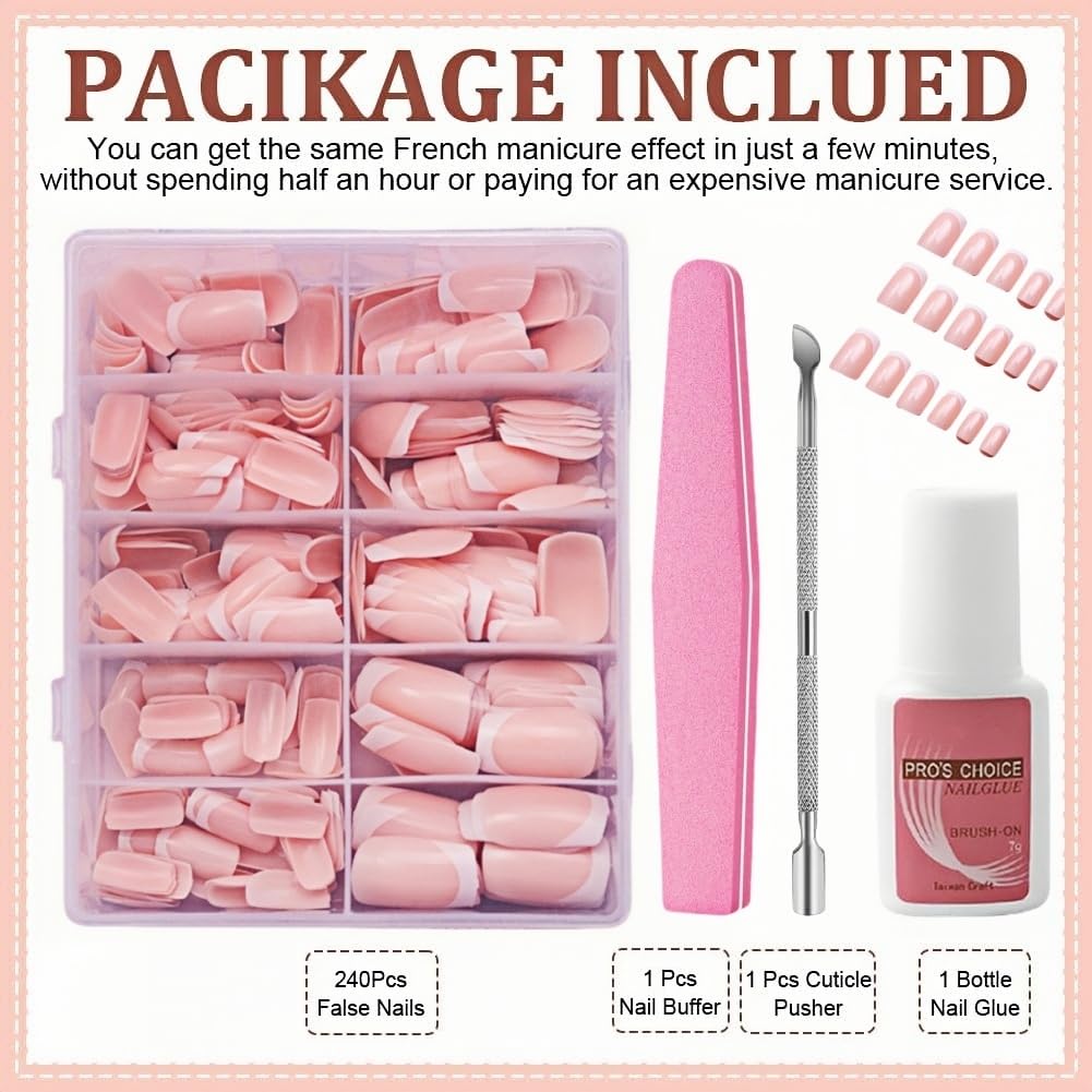French Tip False Nails, 240Pcs French Manicure Kit, Fake Nails White Tip-Frenchs False Nail Kit, FrenchTip Press On Nail - Image 2