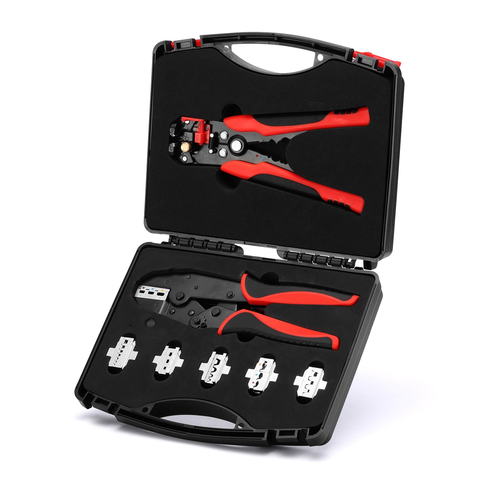 CASOMAN Kit de herramientas de crimpado 6 en 1 y juego de pelacables, 6 tamaños de mandíbula intercambiables, herramienta de crimpado de alambre multiusos, ideal para crimpado, cableado, encogimiento