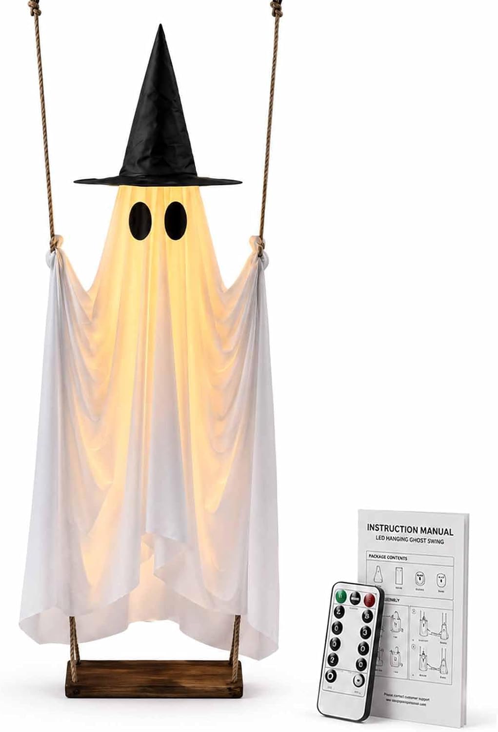 Wiszący duch dekoracja z odpinanym kapeluszem czarownicy, zdalne światło LED, wodoodporna ozdoba na werandę na Halloween, podwórko, ogród, drzewo, dekoracja na imprezę na świeżym powietrzu