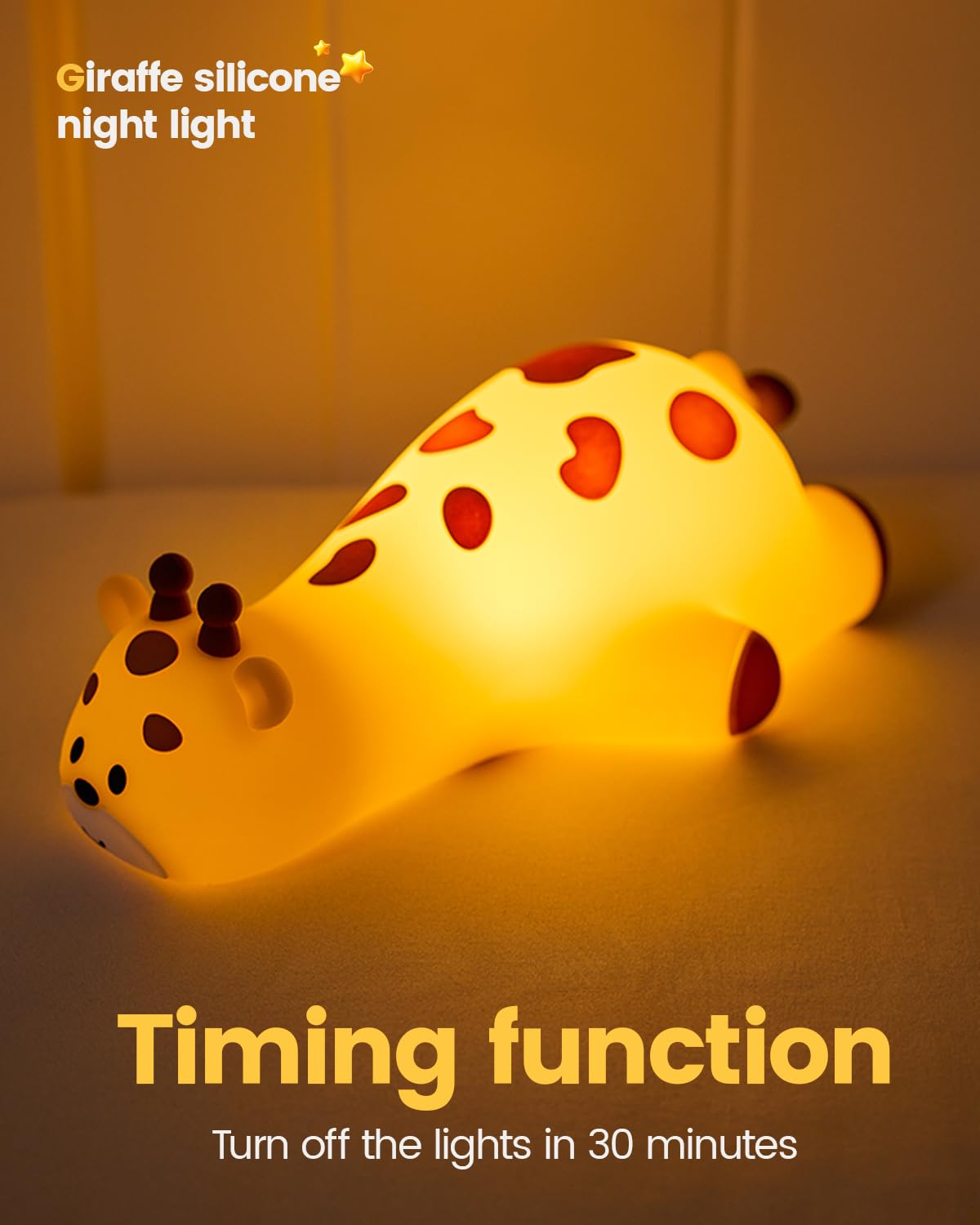 Luz nocturna para niños, jirafa, lámpara de noche con control de grifo de silicona con apagado automático de tiempo, bonita luz LED portátil para guardería para bebé, niño pequeño