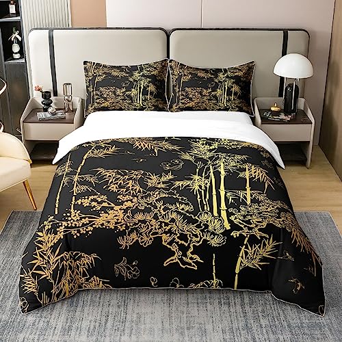 Loussiesd Luxury Black Gold Cotton Duvet Cover Set King Size Bamboo Bedding Set for Man Woman Senior Bedroom,Eastern Botanical Comforter Cover Set Set Oriental Gift Quilt Cover Fashion Decor 3 Pcs