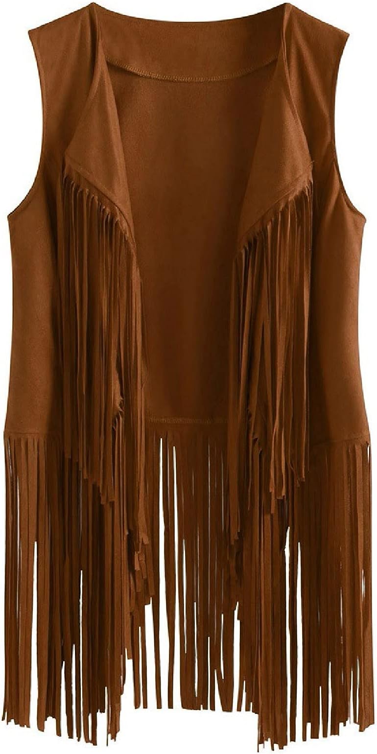 Women's Classic Cowboy Suede Leather Shirt 70s Vintage Western Fringe Vest Tops Sleeveless Tassels Cardigan Jackets