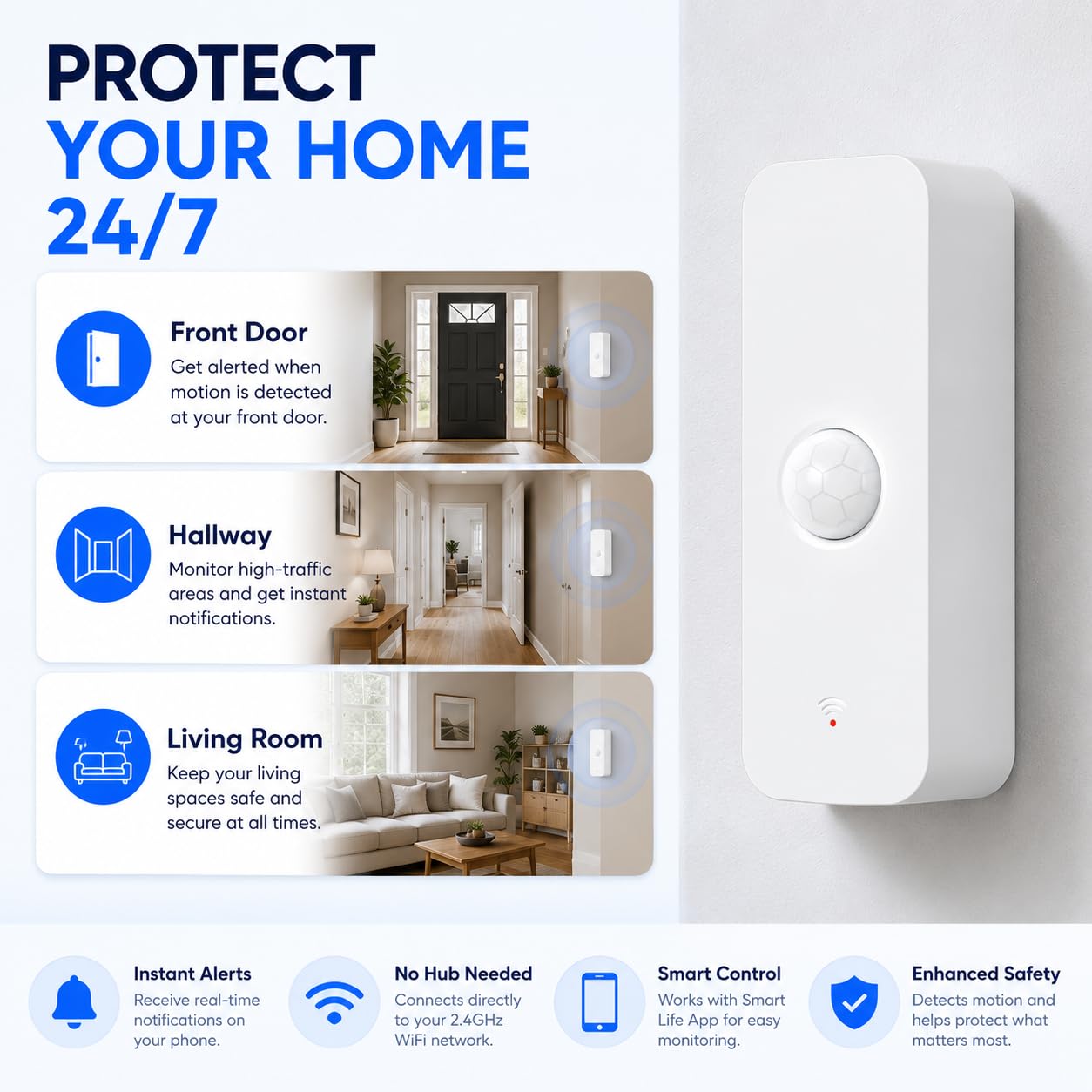 WiFi Bewegungssensor, Smart Bewegungsmelder Tuya PIR für die Heimsicherheit, drahtloser Bewegungssensor mit Fernüberwachungs App, Sprachbefehl kompatibel mit Alexa (4 Pack)