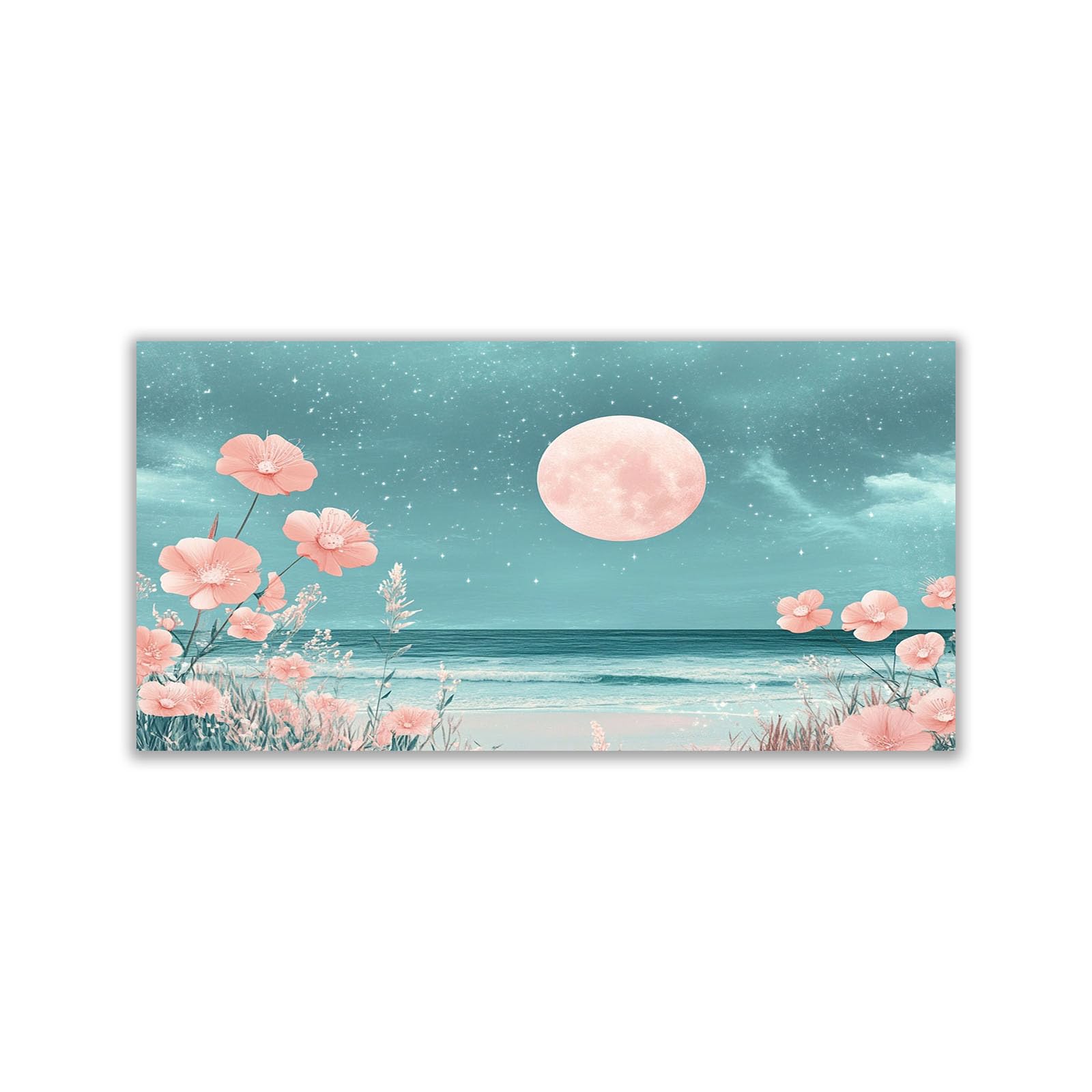 WIKEO Beach Canvas Wall Art Beach Scenery At Night Coastal Tropical Artwork Prints Pictures,for Bathroom Bedroom Living Room Home Office Wall Decor(Pink 8)-40x80cm Unframed