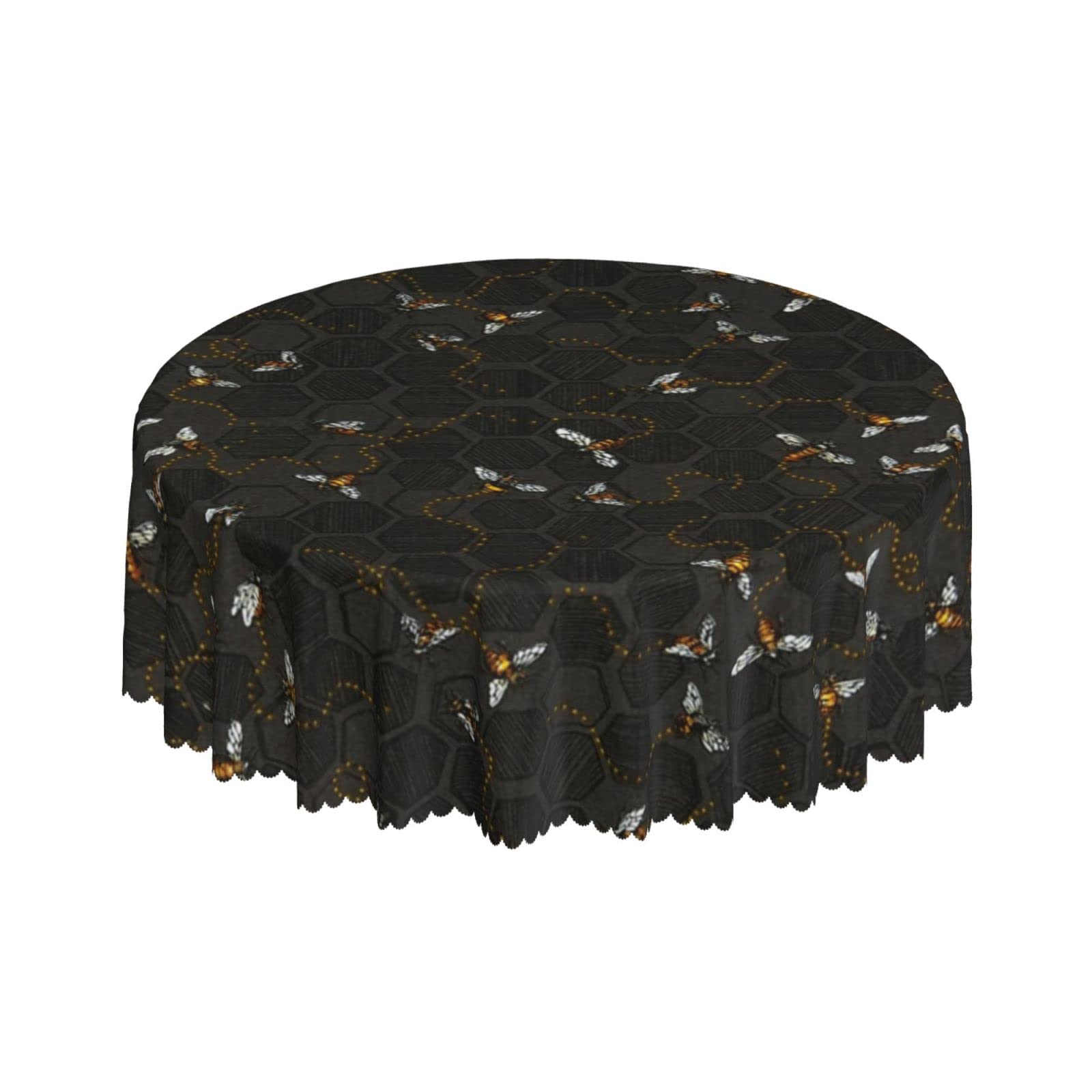 Lsjuee Abstract Bee Hexagon Black Round Tablecloth 60 Inch Printed Washable Tablecloth for Dining Party Holiday Fall Home Decorative