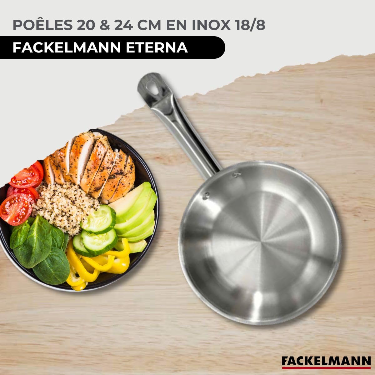 Fackelmann Set 2 poêles inox, couvercles verre et 6 ustensiles 20/24