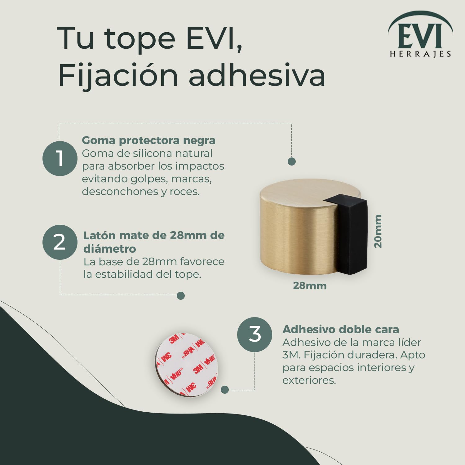 EVI Herrajes| Tope para Puerta de Suelo Adhesivo | Ø28x20mm| Latón con Goma Protectora| Para Interior y Exterior | Protector de Puerta| Mod. I-04019328LMT