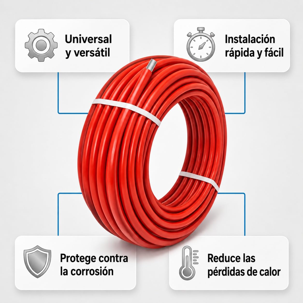 Tubo multicapa 16x2 mm 50 m con aislamiento rojo 6 mm, rollo certificado DVGW para agua potable, calefacción e instalación sanitaria | aislamiento rojo, fontanería, calefacción, sanitario, agua potable, aluminio, vaina aislante, ahorro de tiempo