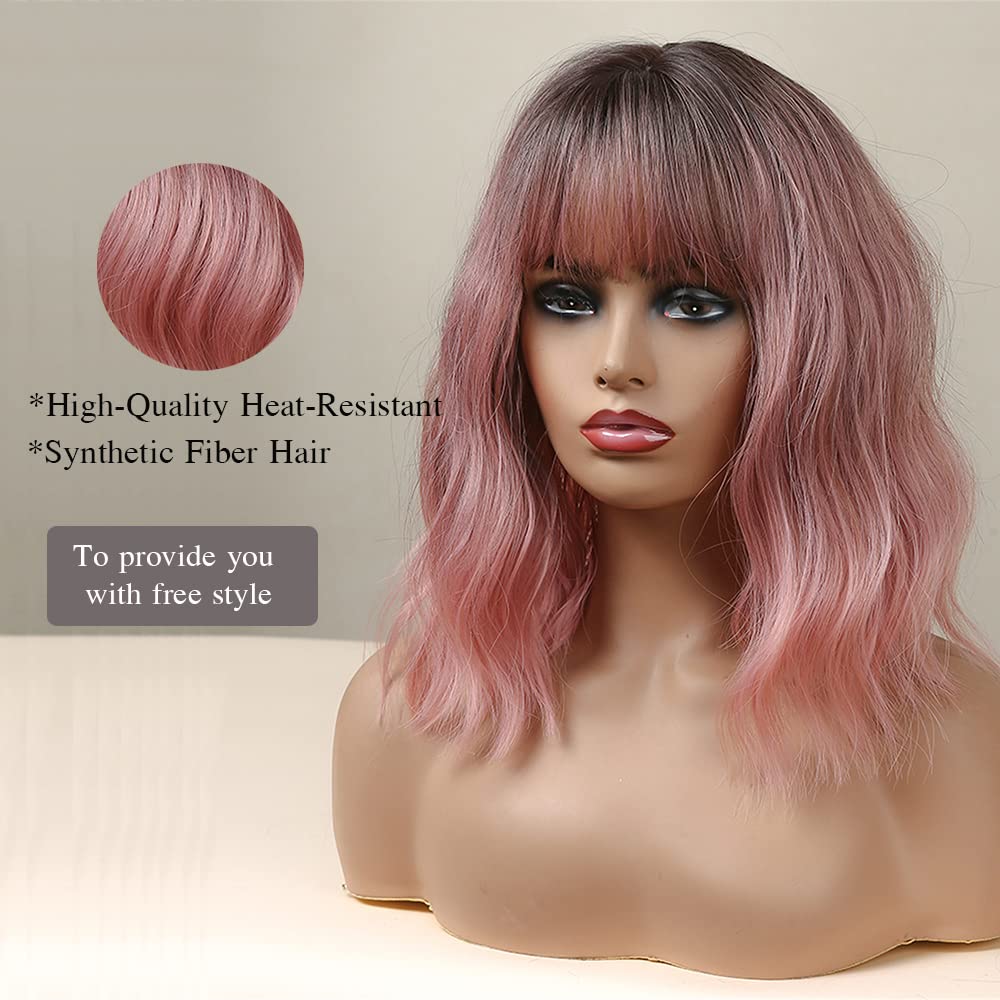 Esmee 14 Pouces Court Ndulée Ombre Rose Bob Perruque avec Franges Naturelle Synthétique Heat Resistant Perruques pour les Femmes avec des Racines Sombres pour la fête Quotidienne Cosplay Portez