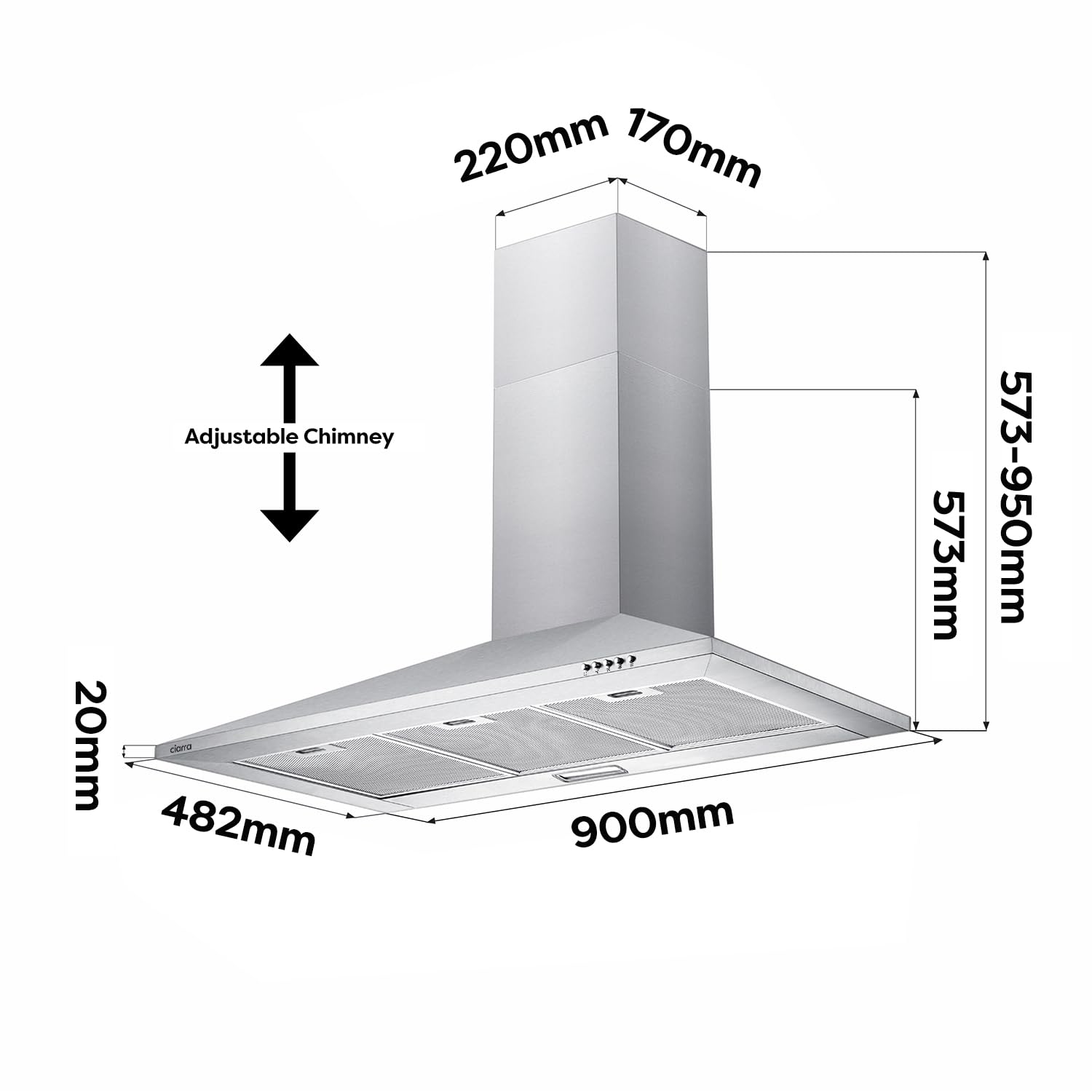 CIARRA CAS9201A Hotte Aspirante 90 cm Classe A - 370m³/h - Recyclage ou Evacuation - Cheminée Extensible - Hotte Noire - Acier Inoxydable