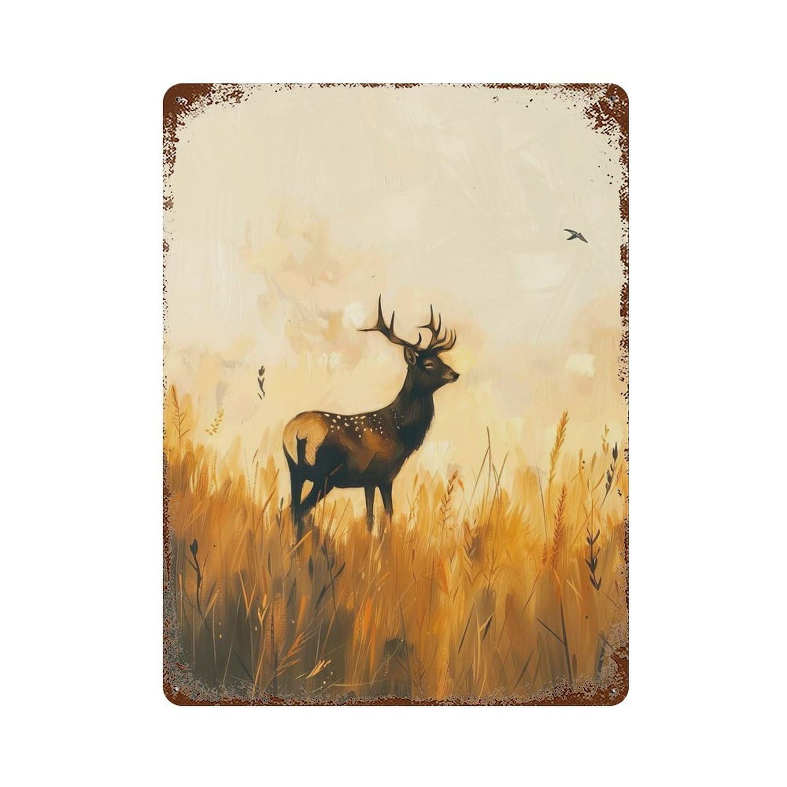 Vintage Metal Tin Sign Deer in Golden Field 15.7"x11.8", Industrial Home Decor for Farmhouse, Kitchen And Entryway Decor