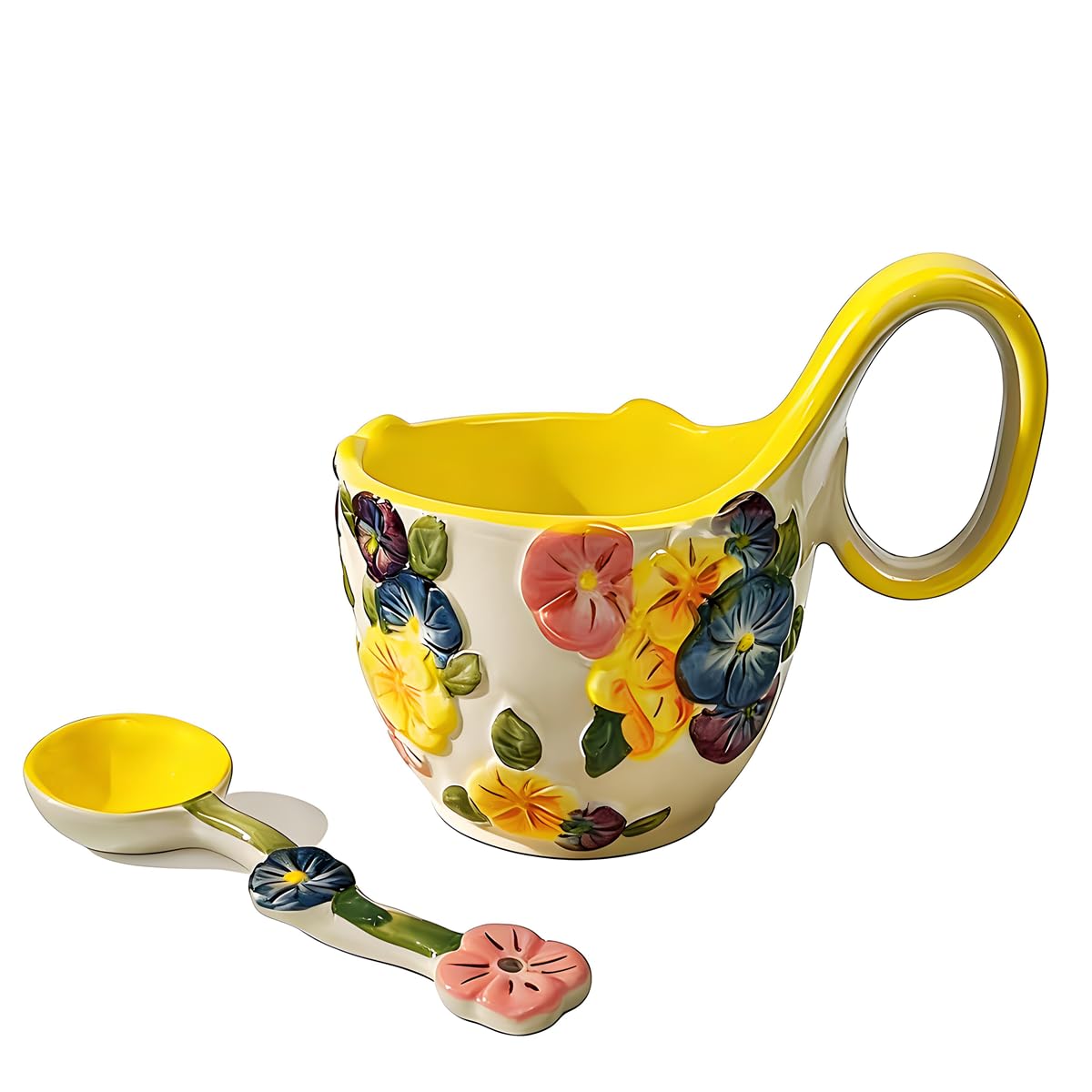 15.87 Oz Microwavable Soup Bowl with Handle, Handmade Iris Flower Relief Decorative Soup Bowls with Handles, Ceramic Soup Bowl with Spoon for Holding Fruits Cereal Snack, Chili, Ice Cream, Stew, Salsa