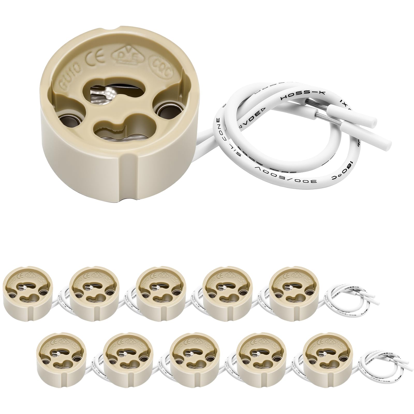 Oprawka GU10, oprawka lampy z ceramiki, z wysokiej jakości kablem silikonowym 12 cm, przyłączane oprawki do lamp LED GU10 i halogenów, VDE, 10 sztuk