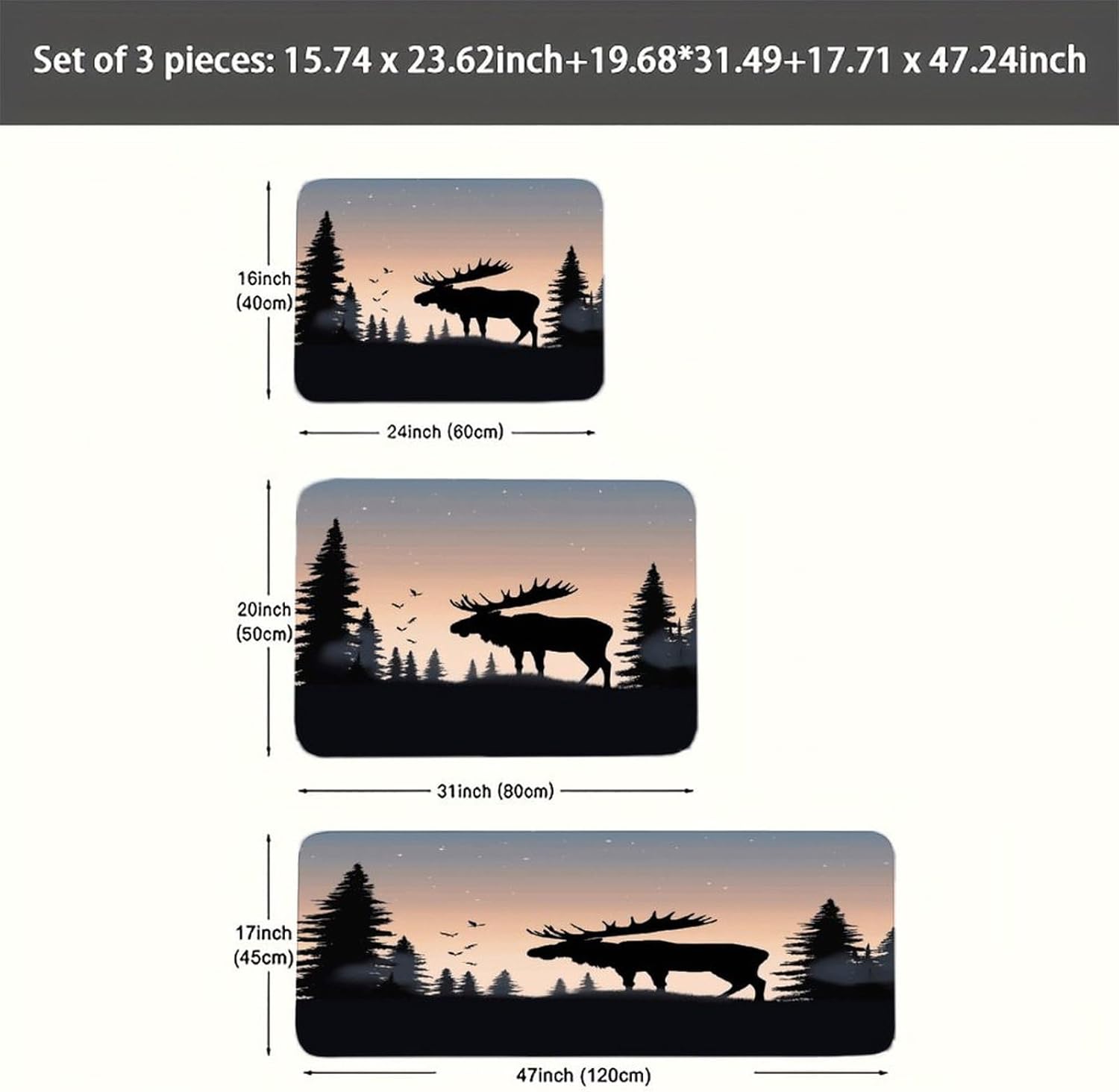 Moose Mountain Pine Tree Wilderness Kitchen Mats Soft Absorbent Rugs for Floor Non Slip Washable Kitchen Mats Fashion Rectangular Rugs for Three-Piece Set for Laundry Office Home Sink