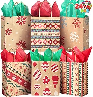 JOYIN 24 Christmas Kraft Gift Bags with Assorted Christmas Prints for Kraft Holiday Paper Gift Bags, Christmas Goody Bags, Xmas Gift Bags, Classrooms and Party Favors