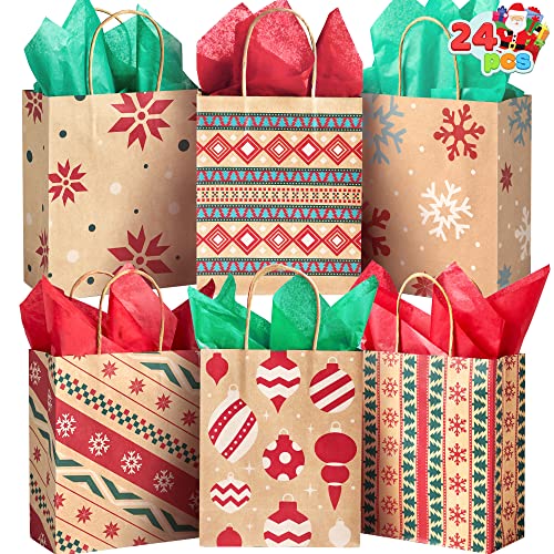 24 Stück Weihnachten Geschenktüten mit verschiedenen Weihnachtsmotiven, Kraftpapiertüten Geschenktasche für Weihnachten, Geschenkverpackung Cover