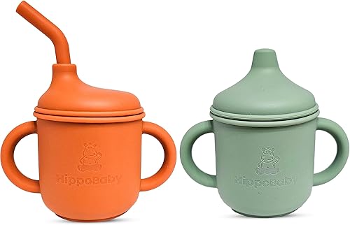 Vaso de transición de silicona para niños mayores de 6 meses  Incluye 1 vaso con pajita para niños pequeños y 1 taza para sorber para bebé con asas