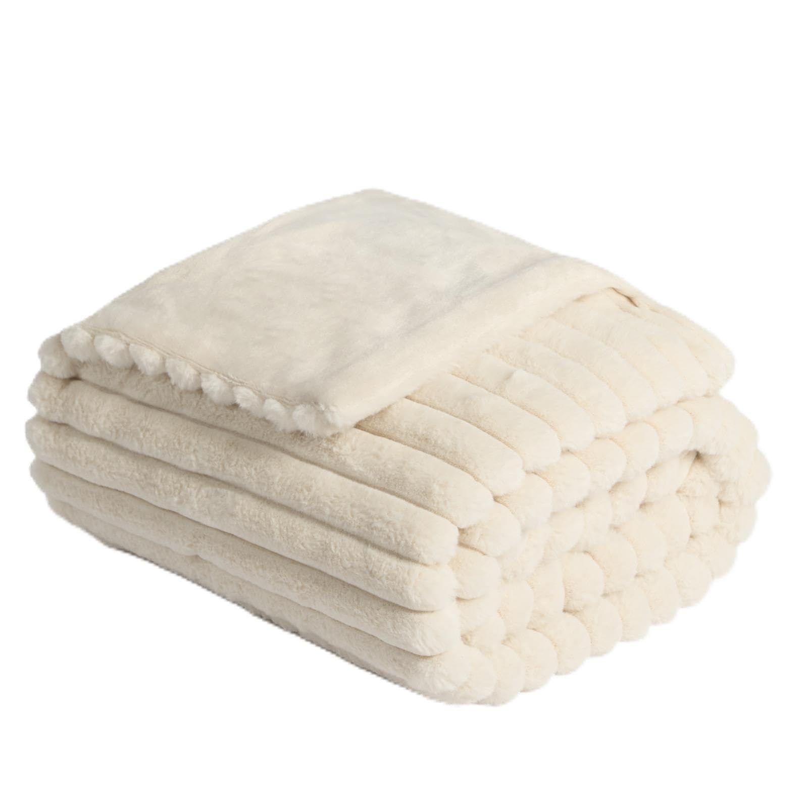 OHS Faux Fur Ribbed Throw Blanket for Sofa, Super Soft Cosy Warm Winter Thick Fleece Blanket for Bed Decorative Fluffy King Size Bed Throws Over Sofas Couch, Natural - 200 x 240cm — image 1