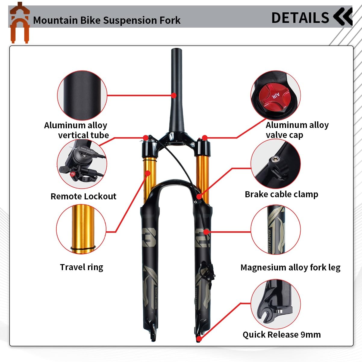 Horquilla De Suspensión Air para MTB 26, 27,5 Y 29'' Horquillas Delanteras De Liberación Rápida Recorrido De 100/120mm Tubo Recto/cónico Freno De Disco(Black Straight,26''-120mm)