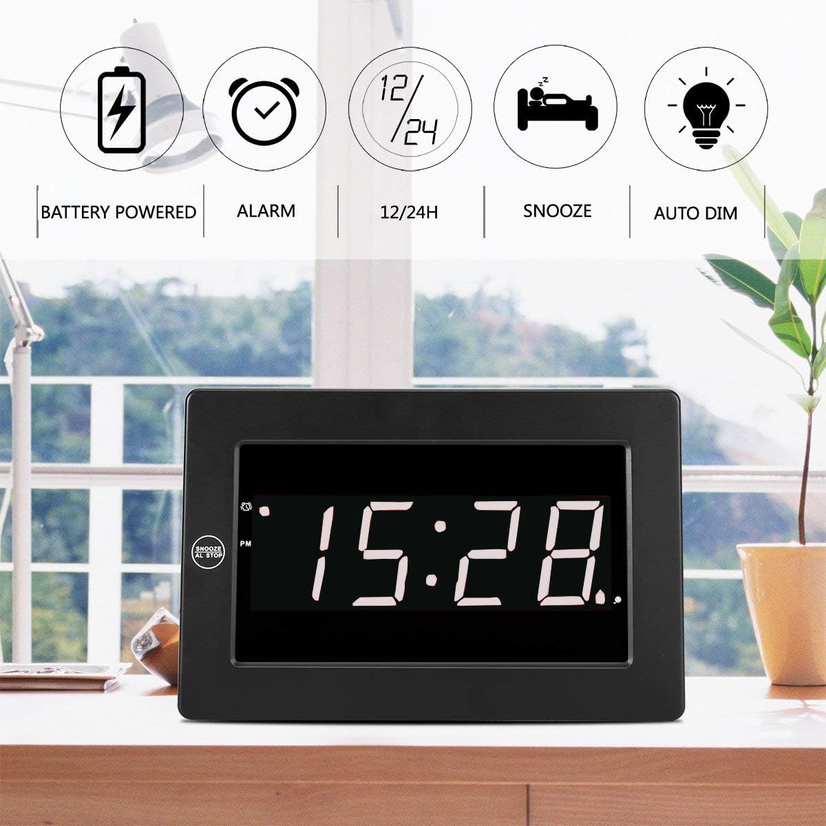 Timegyro Digital Wall Clock Battery Operated - LED Display Digital Alarm Clock Battery Powered Only, Brightness Adjustable, 12/24Hr