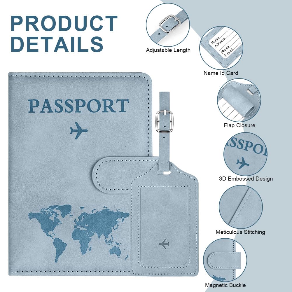 OFFCUP Funda Pasaporte, Porta Pasaporte con Bloqueo RFID, Cuero de PU Porta Documentos Viaje con Identificador De Maletas para Pasaportes Tarjetas Crédito Funda Tarjeta Identific (Azul Cielo) - 4