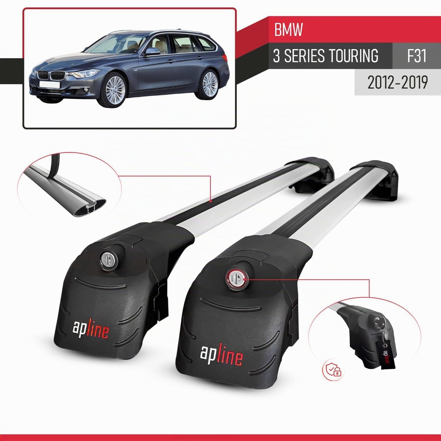 Compatibile con BMW Serie 3 (F31) Touring 2012-2019 Modello ACE-2 Barre Tetto Portapacchi Auto Barre Portatutto Grigio Alluminio 2 Barre