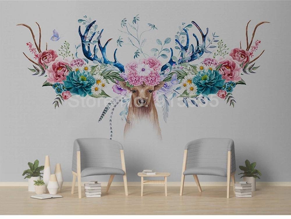 Papier peint 3D tête de cerf et fleurs grand format pour masquer les défauts des murs