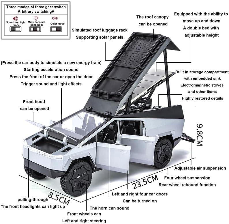 Image of 1:24 Scale Big Tesla Cyber Truck Pickup Camping RV Toy Car | Metal Pullback Diecast Car for Kids with Openable Doors, Sound, Light Effects Toy for Car (Color As Per Available), Black