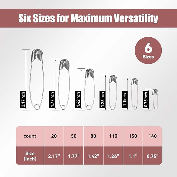 Optomni Safety Pins - 550 Pack, 6 Assorted Sizes (0.75-2.17), Strong Silver Nickel-Plated Steel for Clothes, Sewing, and Crafting (550)