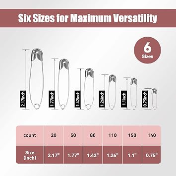 Optomni Safety Pins - 550 Pack, 6 Assorted Sizes (0.75-2.17), Strong Silver Nickel-Plated Steel for Clothes, Sewing, and Crafting (550)