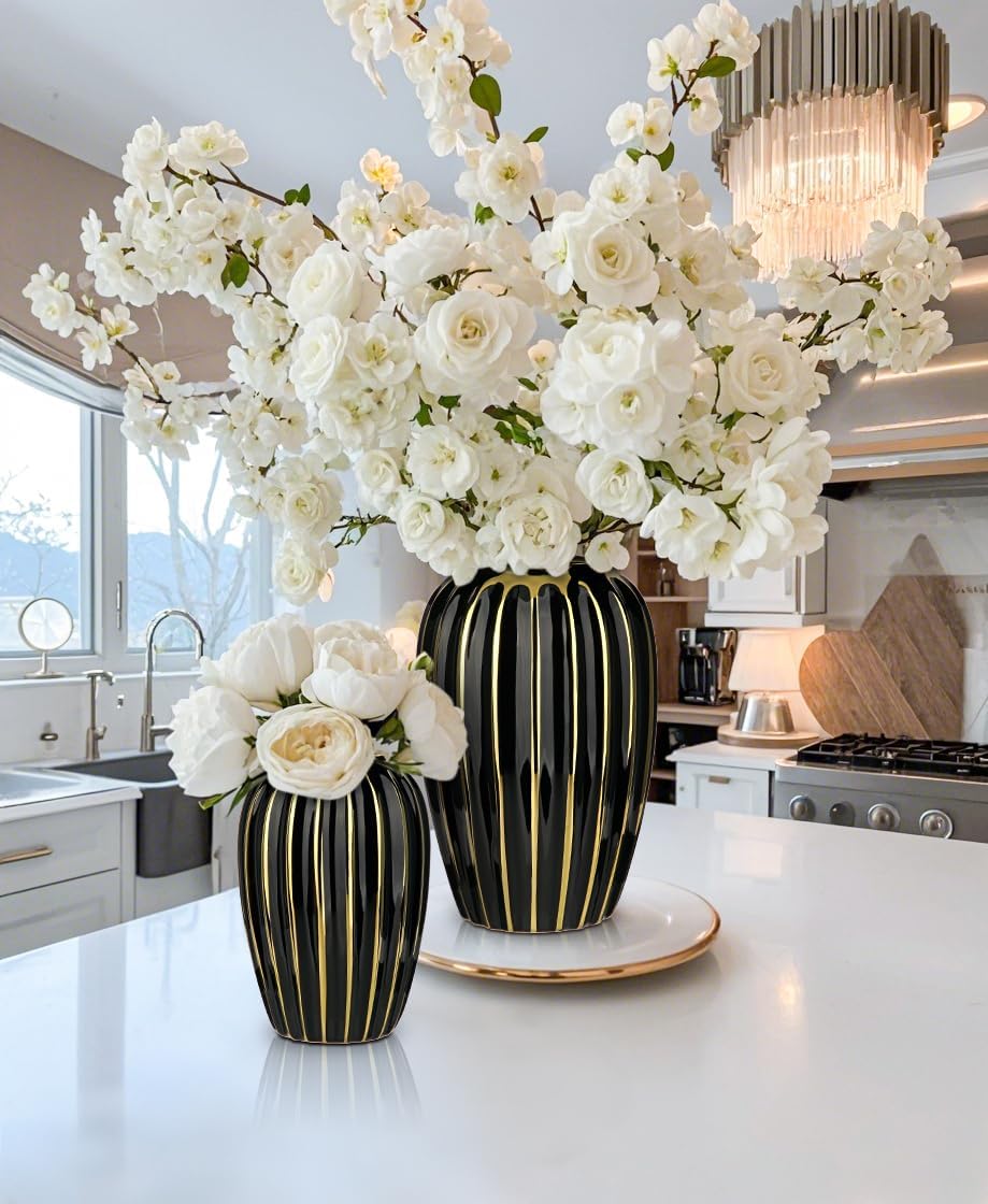 Briful Black Gold Ceramic Vase Home Decor, Ribbed Design, Porcelain Decorative Flower Vase, 8.2'' Tall Floral Vases for Table Desk Wedding Decoration - Image 4