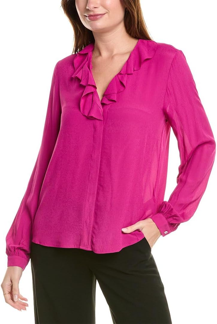 Brooks Brothers Women's Long Sleeve Ruffle V-Neck Crepe Blouse