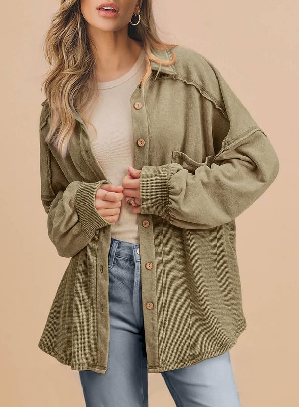 SHEWIN Womens Waffle Knit Shackets Fall Fashion Button Down Shirt Jacket Loose Long Sleeve Tops With Pocket2