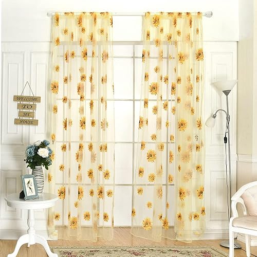 Miniatura 6 de BIGEBO 2 cortinas traslúcidas de girasol amarillas con 2 alzapaños de cortina para dormitorio, sala de estar, cocina, decoración de ventana con