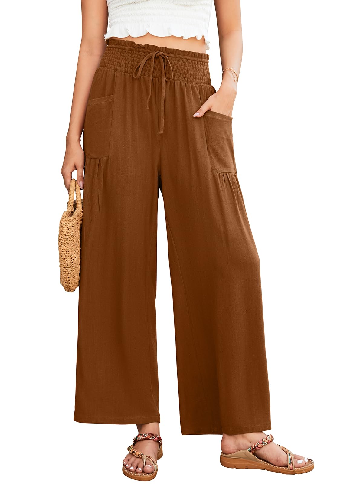 Linen Palazzo Pants for Women Wide Leg High Waist Casual Loung Trousers Beach Travel Vacation Harem Pants with