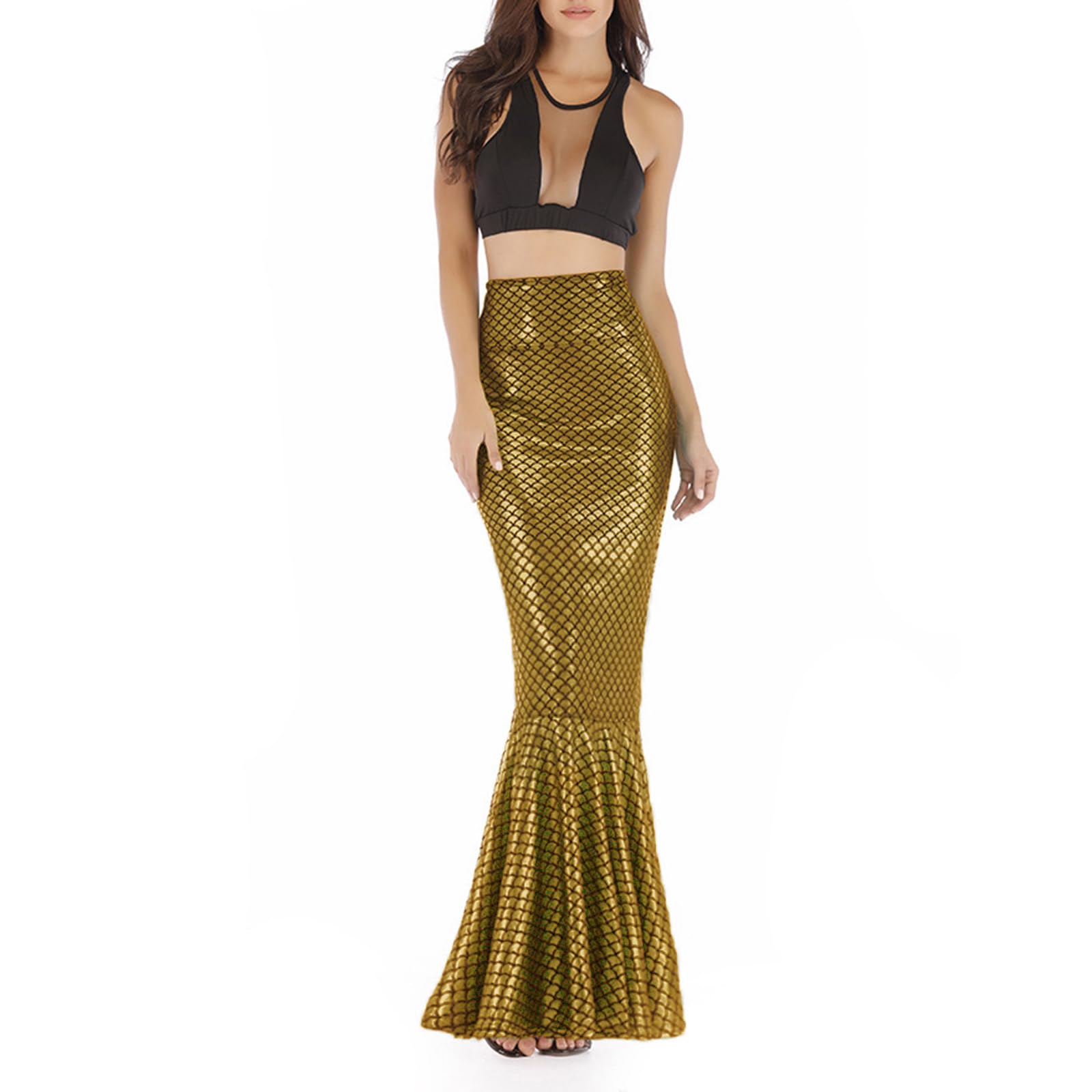 Women's Halloween Mermaid Costumes High Waist Bodycon Sequin Maxi Skirt for Cosplay Role-Playing Party Outfits (D-Gold, L)