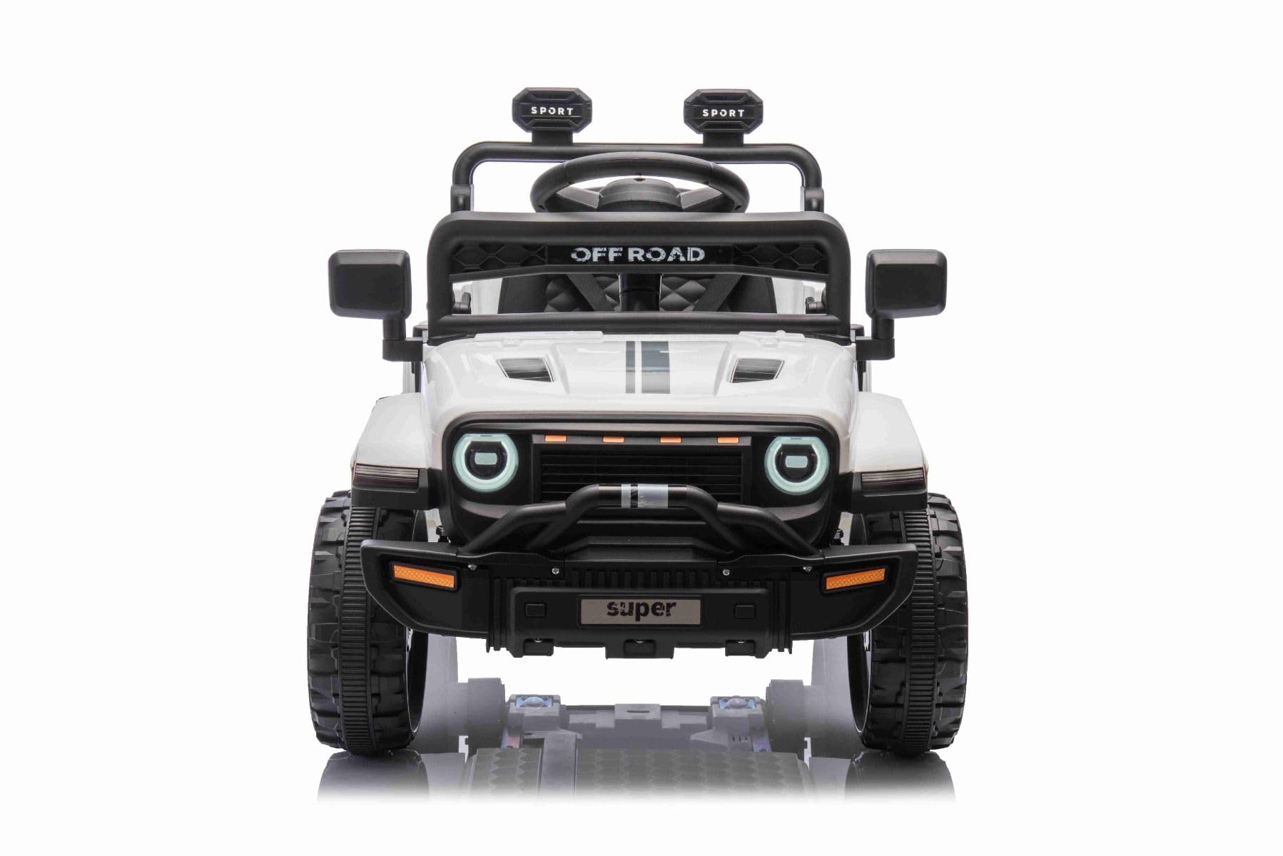 Voiture électrique Enfants Offroad New avec Traction arrière, Blanche, Batterie Lithium, châssis Haut, siège Large, Suspension arrière, télécommande 2,4 GHz, Lecteur MP3 avec USB/AUX, lumières LED