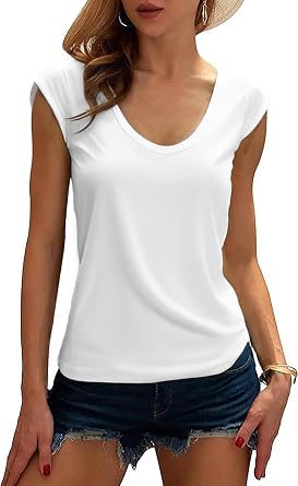 Womens V Neck Basic T Shirts Modal Cap Sleeve Tops Casual Solid Tank Tees White