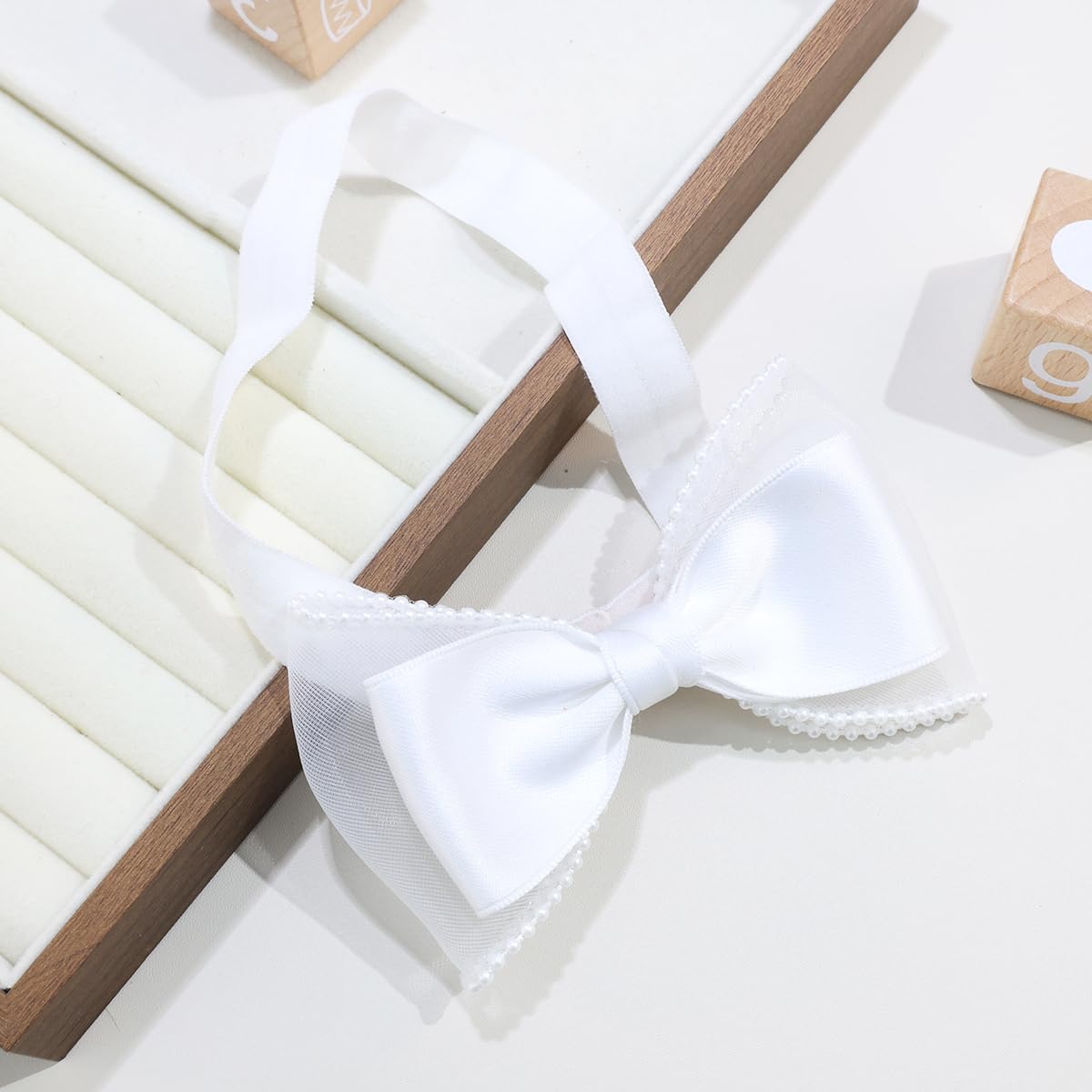 Baby Girls White Bow Lace Headband Soft Elastic Bowknot Flower Baby Hairband Christening Baptism Birthday Party Hair Accessories for Newborn Infant Toddler Kids