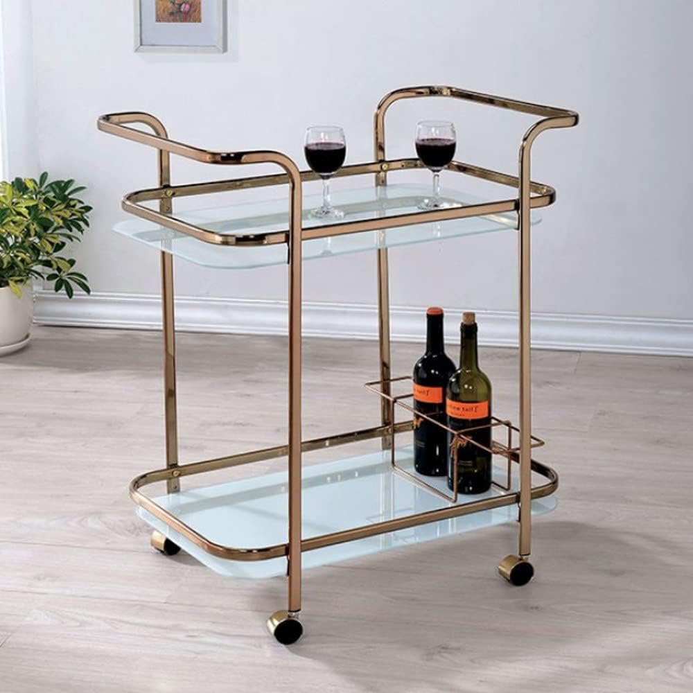 Furniture of America Tiana CM-AC235 Serving Cart with Contemporary Style Gliding Casters Raised Cart Handles Champagne in Champagne