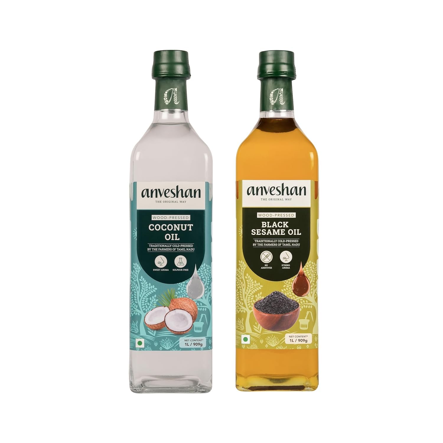 Anveshan Combo of Natural Wood Cold Pressed Black Sesame and Coconut Oil, 1L Each (Glass Bottles, Chemical-Free)