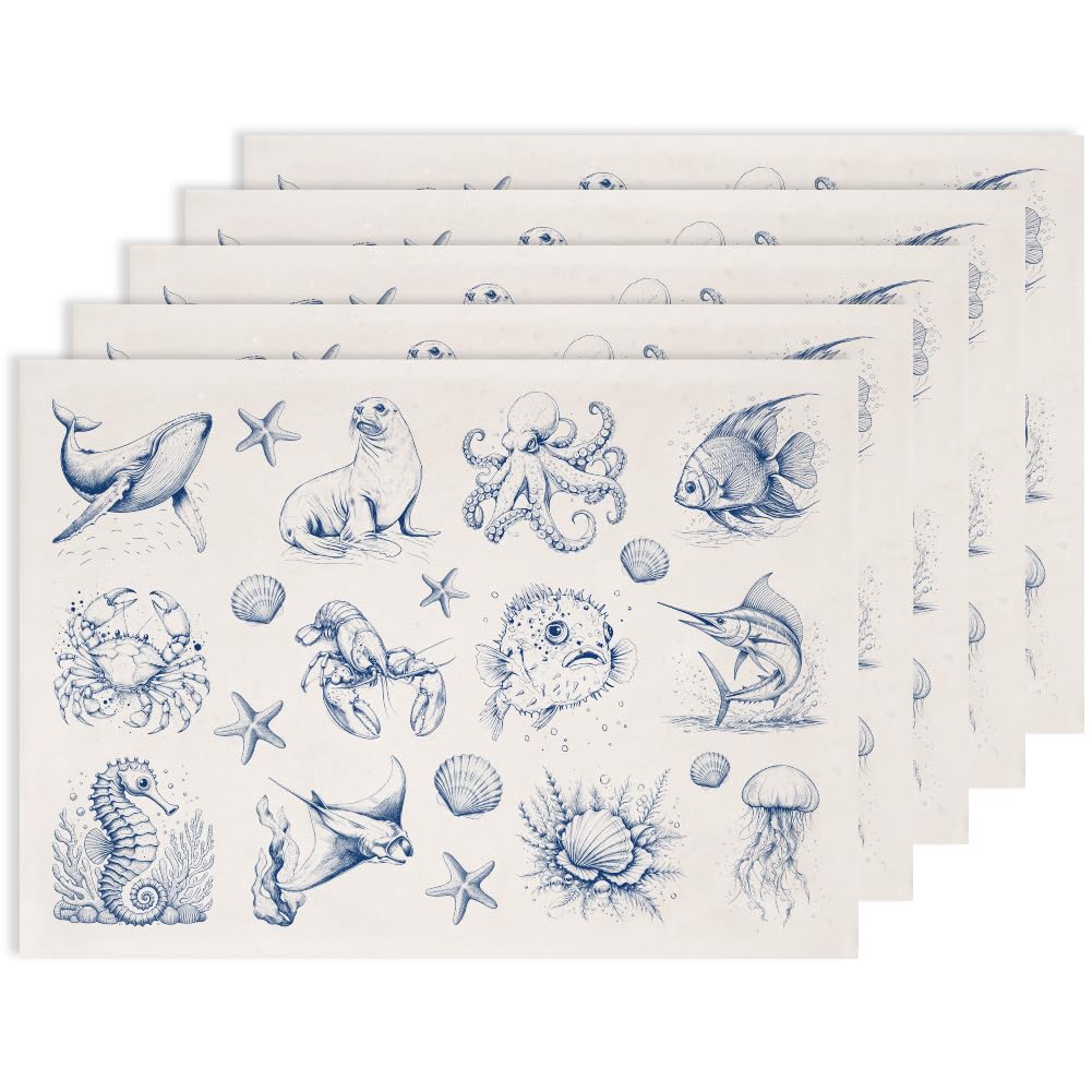 SUPERDANT 5Pcs Large 52x37cm Underglaze Transfers for Pottery Ceramic Transfer Paper with Marine Life Trimmable Decal Sheets for DIY Pottery Decorations and Handmade Ceramic Projects Blue