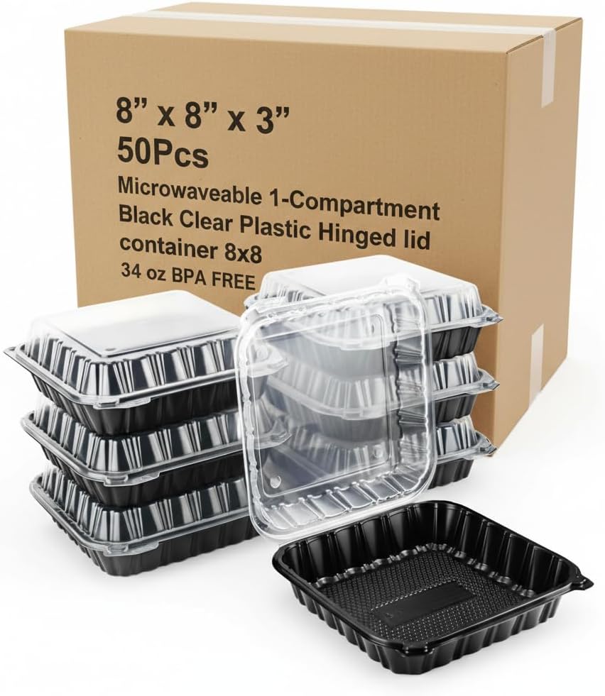 Heavy Duty PP Clamshell Take Out Containers 8" x 8" x 3" 50Pcs Microwaveable 1-Compartment Black Clear Plastic Hinged lid Container BPA Free Reusable & Disposable